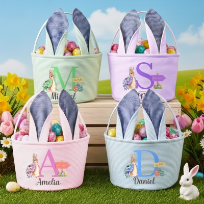 Personalisierter Osterkorb mit Peter-Rabbit-Alphabet und Hasenohren, Ostereiersuche-Korb, Ostergeschenktüte aus Seersuckerstoff, Ostergeschenk für Kinder/Jungen/Mädchen