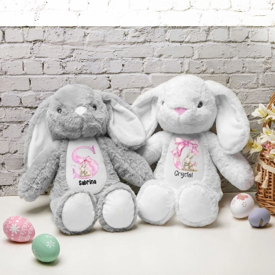Personalisiertes Hasen-Puppenspielzeug mit rosa Schleife und Namen, Weicher Plüschhase, Kuscheltier, Osterdekoration, Geburtstags-/Ostergeschenk für Kinder/Mädchen