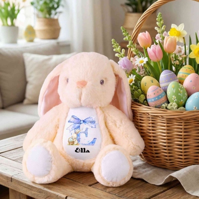Personalisiertes Hasen-Puppenspielzeug mit rosa Schleife und Namen, Weicher Plüschhase, Kuscheltier, Osterdekoration, Geburtstags-/Ostergeschenk für Kinder/Mädchen