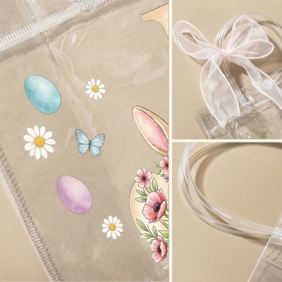 Personalisierte Ostergeschenktasche mit Namen, Blumenmuster, Hasenmotiv und rosa Schleife, durchsichtige PVC-Ostereiersuche-Tasche, Ostergeschenk für Kinder/Mädchen/Jungen