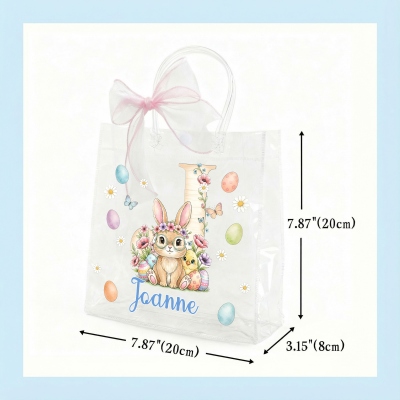 Personalisierte Ostergeschenktasche mit Namen, Blumenmuster, Hasenmotiv und rosa Schleife, durchsichtige PVC-Ostereiersuche-Tasche, Ostergeschenk für Kinder/Mädchen/Jungen